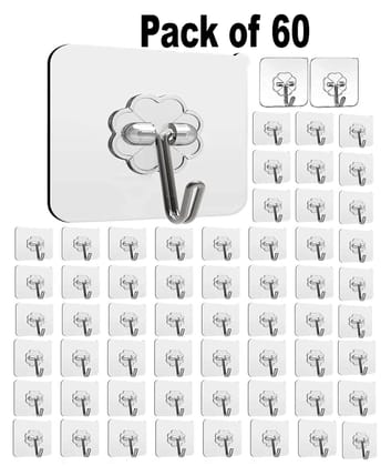 Rudra Adhesive Stronger Plastic Wall Hooks Hangers, Waterproof Stick for Kitchen Bathroom Shower Door Outdoor Home Improvement Utility Hook -60 Pcs Transparent