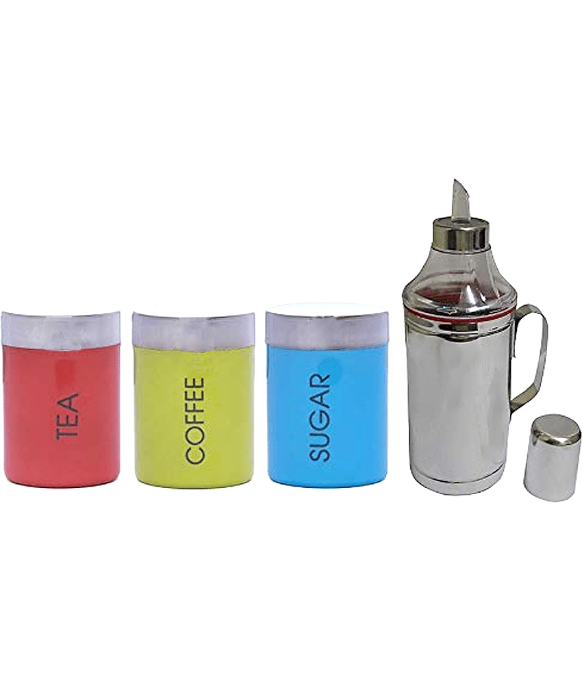Dynore Canisters & Steel Silver Tea/Coffee/Sugar Container ( Set of 4 )