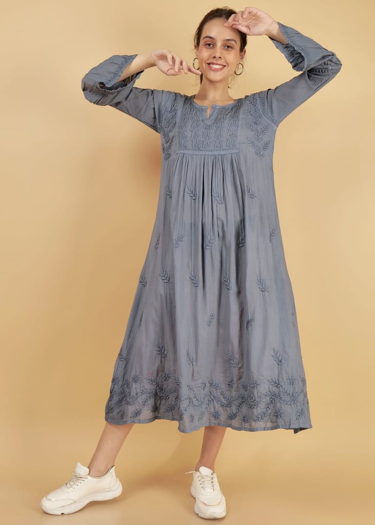 Mulmul Hand Embroidered Knee length Chikankari Dress Grey