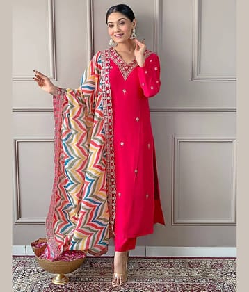 kedar fab Women Cotton Blend Embroidered A-line Kurti With Pants ( Pink )