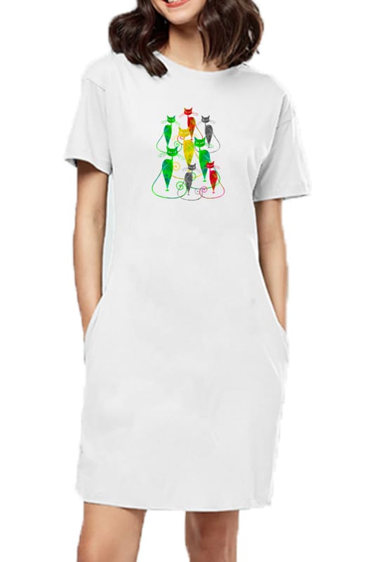 T-shirt Dress With Pockets - Sassy Kitties (2 Colours) (Slim Fit)