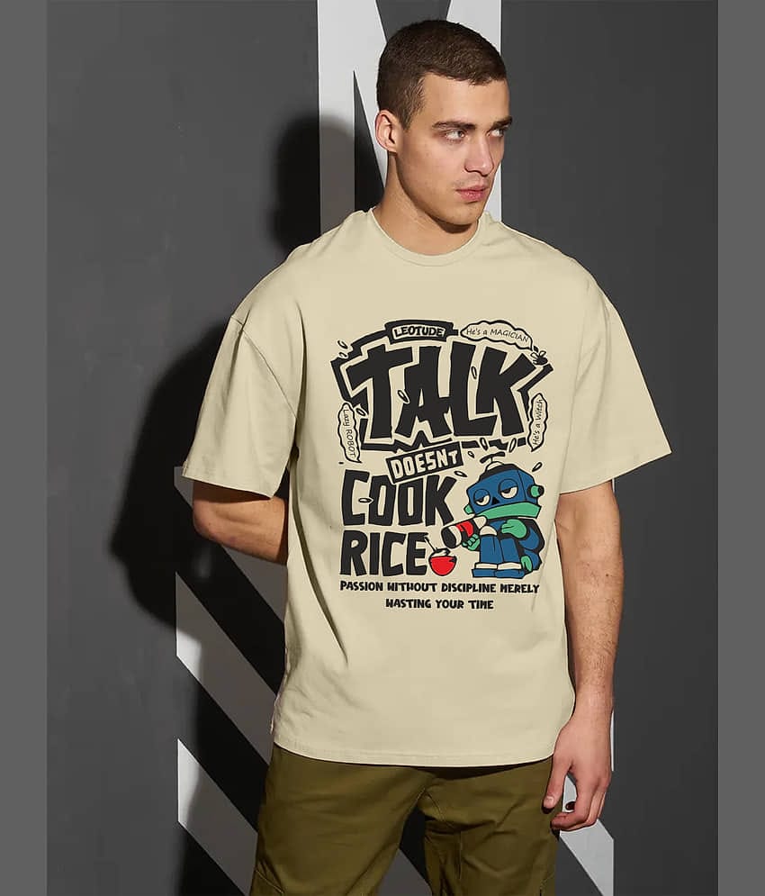 Leotude Men Cotton Blend Oversized Fit Printed T-Shirt ( Beige )