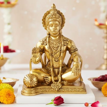 Brass Sitting Hanuman Ji Idol - Spiritual Worship Murti, Height : 9.5 Inch (BSMAS1104 A)