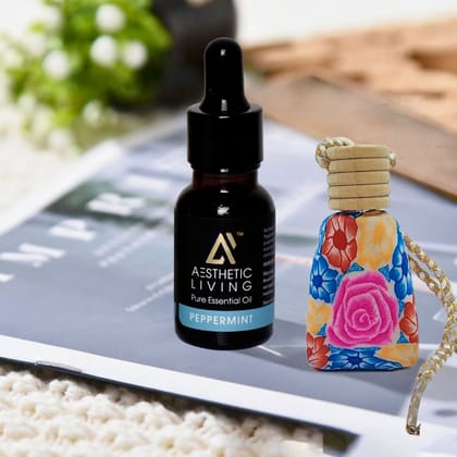 Aesthetic Living Car Aromatizer/ Diffuser Bottle with Essential Oil (Vase Shape-15 ml+ Peppermint Essential Oil, 15 ml)