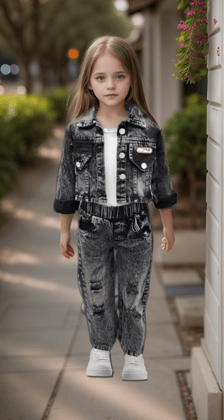 Girls Denim Co-Ord Set [GCS-7788] (1-12Years)-1-2Y (Size - 18) / Imported / Black