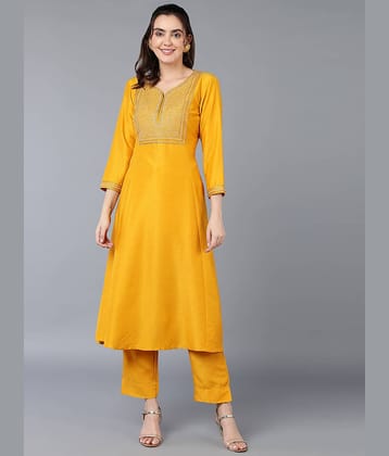 Vaamsi Silk Blend Embroidered A-line Women's Kurti - Mustard ( Pack of 1 )