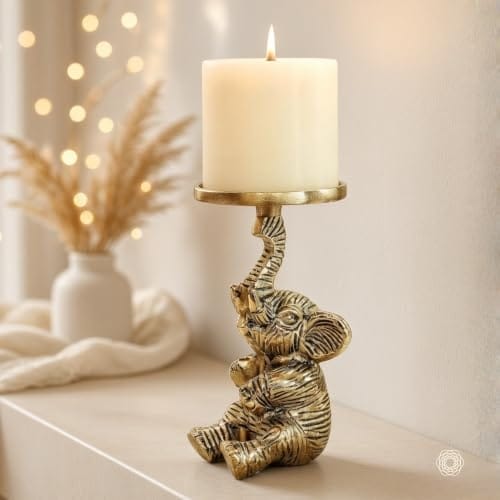 Metal Elephant Pillar Candle Holder Statue, Gold, 8 x 8 Cm