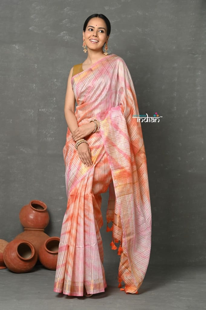 Tyohaar ~ Designer! Cotton Viscose Hand Dyed Saree With Sleek Golden Border - Peach Pink - Sarees | Buy online on ZillyBuy