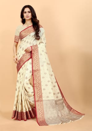 Yavira silk Women's Cream Handwoven Silk Blend Saree