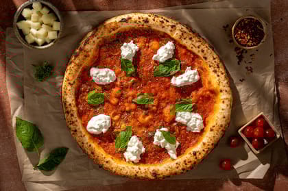 Italian Pizza Marinara With Burrata, Basil Leaves & Olive Oil