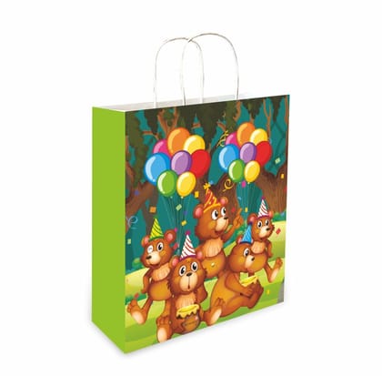 90 GSM Small Bear & Balloon Jangle Birthday Theme Printed Both Side Party Gift Bags, Ideal for Birthday Return Gifts, Kids Party, & Special Occasions (Size: 9.4x7.9x3 inch) -  12