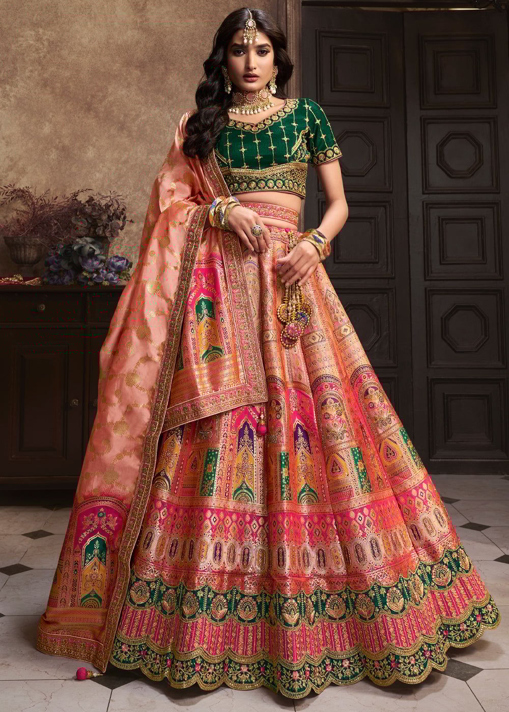 Beautiful Peach Heavy Banarasi Bridal Lehenga