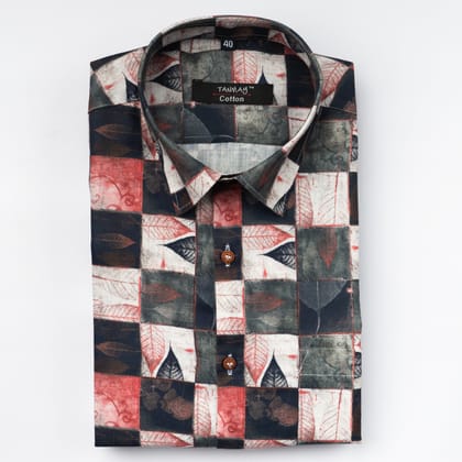 Light Red Black Color Leaf Moroccan Printed Shirt For Men's-M (38 Inch) (98 CM)