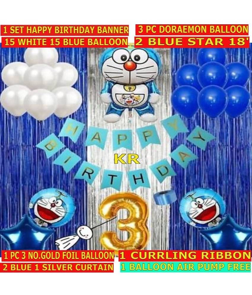 KR baby boy & kids Happy Birthday Doraemon theme Combo Pack kit for party decorations pack (Happy Birthday Banner 1 set 3 doraemon 3 curtain 2 Blue Star 1 Ribbon 30 Blue White 3 no Golden) pack 41 Letter Balloon (Blue, White, Pack of 41)
