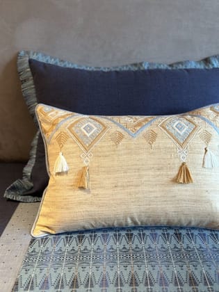 KRI India The Minimalist Gold Silk Geometric Tassel Cushion Covers | Beige Gold  | 12x18 inches  | Wash & Care | 100% Cotton | Handcrafted in India. 100% organic & natural.