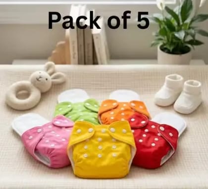 Pack of 5 with 5 Premium Insert Reusable Diaper for Babies (Washable, Leak-Proof, Soft & Skin-Friendly Cloth Diaper Set)