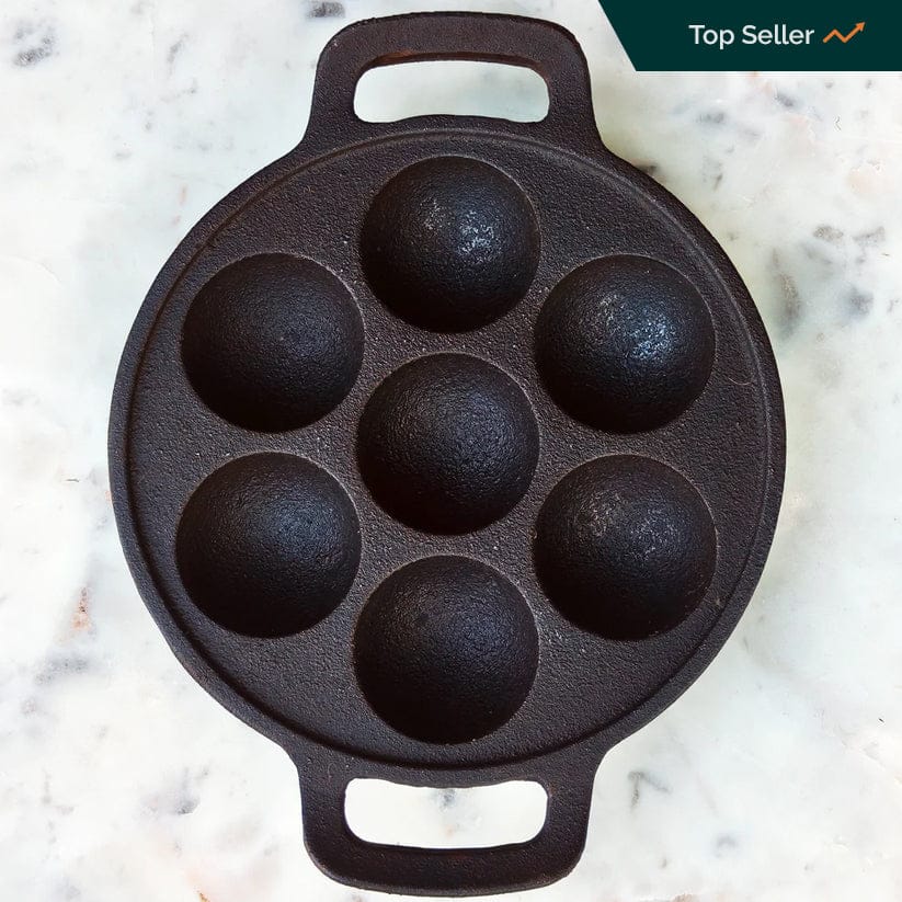 Seasoned Cast Iron Paniyaram Pan with Flat Base-12 Cavities