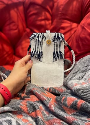 KRI India Distressed Kri B&W Phone Sling | 7.5x5 inches | Wash & Care | 100% Cotton | Handcrafted in India. 100% organic & natural.