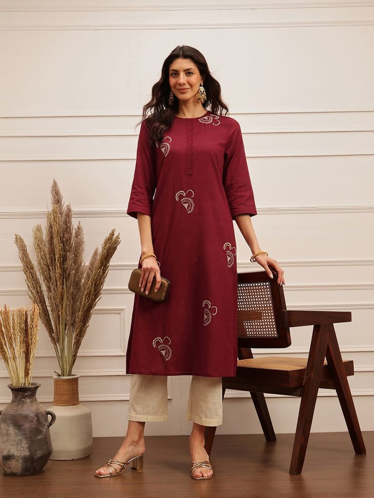 Wine Embroidered Cotton Kurta