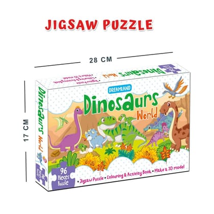 Dinosaurs World Jigsaw Puzzle for Kids – 96 Pcs | With Colouring & Activity Book and 3D Model