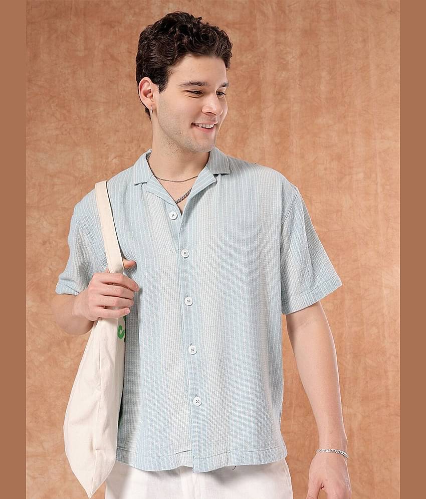 The Indian Garage Co Striped Cuban Collar Pure Cotton Oversized Casual Shirt