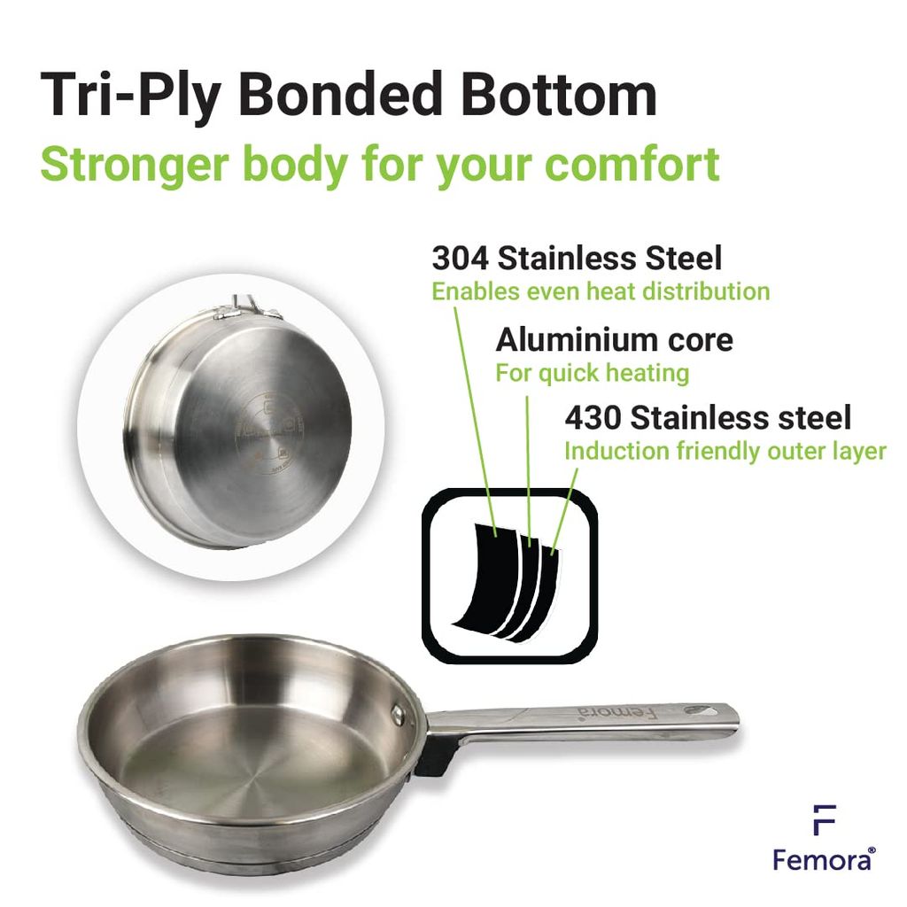 Femora Stainless Steel Flat Fry Pan, Bonded Tri-Ply Bottom, 23 cm,Silver, Zero Coating, Health Safe
