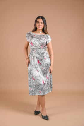 White Abstract Printed Midi Dress-XS