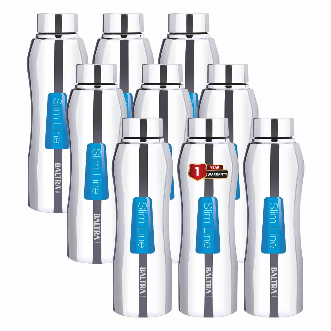 BALTRA Fogg Stainless Steel Refrigerator Water Bottle | Single Walled, Leak-Proof, Durable & Stylish Design for Fridge Storage. (1000 ML, Pack of 9)