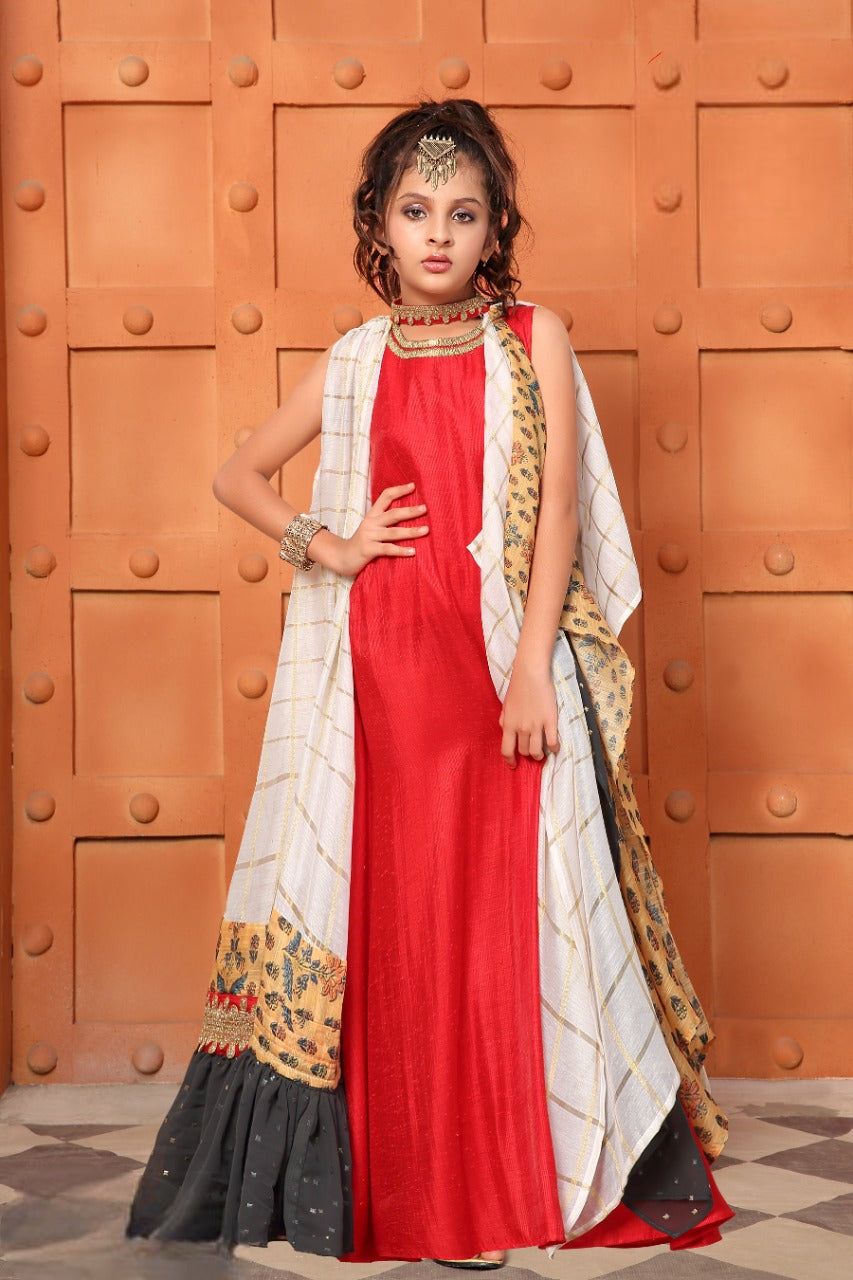 Girls Red Fancy Designer Long Gown-G823 / Red / 24