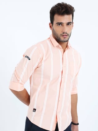 Men's Peach Stripe Full Sleeve Shirt | Rick Rogue-XL/42
