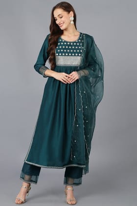 Teal Silk Blend Solid A-Line Kurta Trousers With Dupatta PKSKD1720