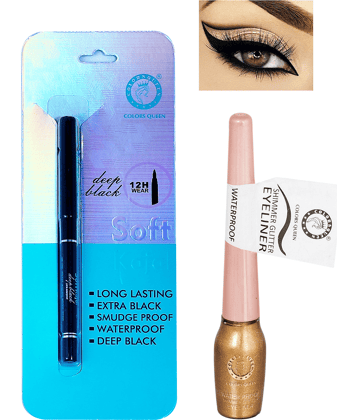 Colors Queen Long Lasting Deep Black Kajal Liquid Black with Eyeliner (Combo of 2)