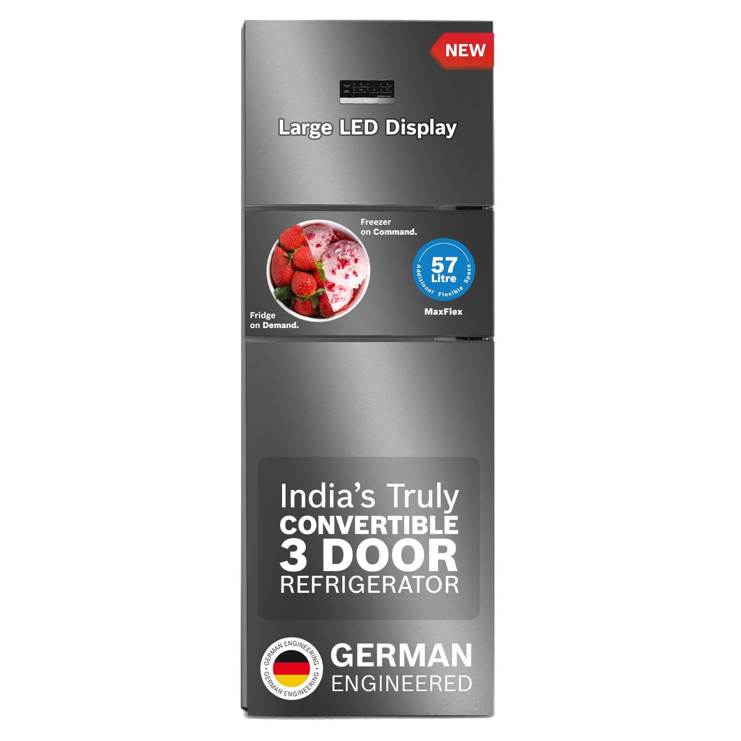 Bosch 335L, 3 Star, Max Flex Convert Frost Free Triple Door Refrigerator | 8-in-1 Convertible Storage Modes | 57L Extra Convertible Zone | Cool Extend up to 18 hours (CMC36K03NI, Smoky Silver) Bosch 335L, 3 Star, Max Flex Convert Frost Free Triple Door R