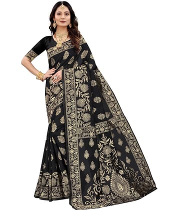 NENCY FASHION Banarasi Silk Self Design Saree With Stitched Blouse ( Black )