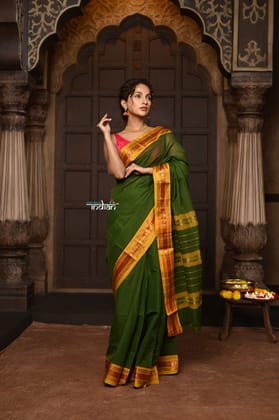 Parampara ~ Pure Cotton Saree in Regal Royal Green with Zari Border & Pallu
