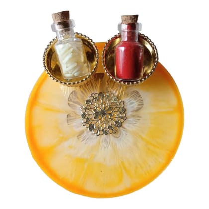 ART2ARTIST Handmade Tilak Platter | Pooja Tilak Thali | Roli Chawal Plate for Wedding Gift, Rakhsha Bhandhan, Bhai Dooj Decorative Platter Set for Laxmi/Ganesh Pooja (Orange) 4 Inch