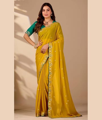 Malti Georgette Embroidered Banarasi saree With Unstitched Blouse Piece ( Yellow )
