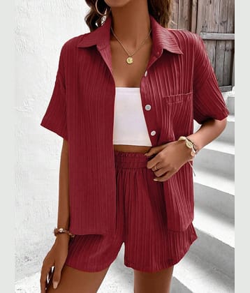 AAPSKA Women Striped Shirt With Shorts Co-Ord Set ( Maroon )