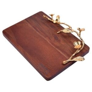 Handicraft Exim Decorative Wooden Serving Tray | Natural Wood & Gold Metal | Elegant Tableware