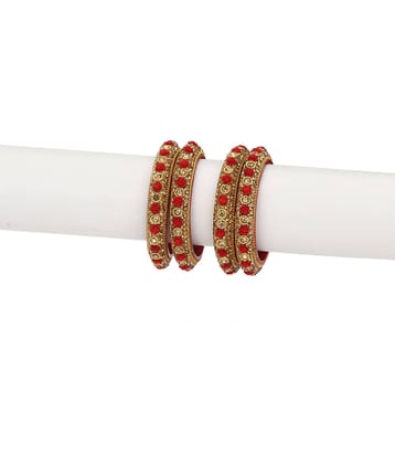 Party Glass Bangle Set Ornamented With Beads For Spaical Look (Pack Of 4 Red Shining & Attractive