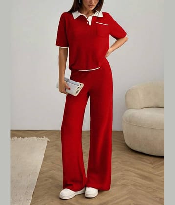 Christy World Women Solid T-Shirt With Trousers Co-Ord Set ( Red )