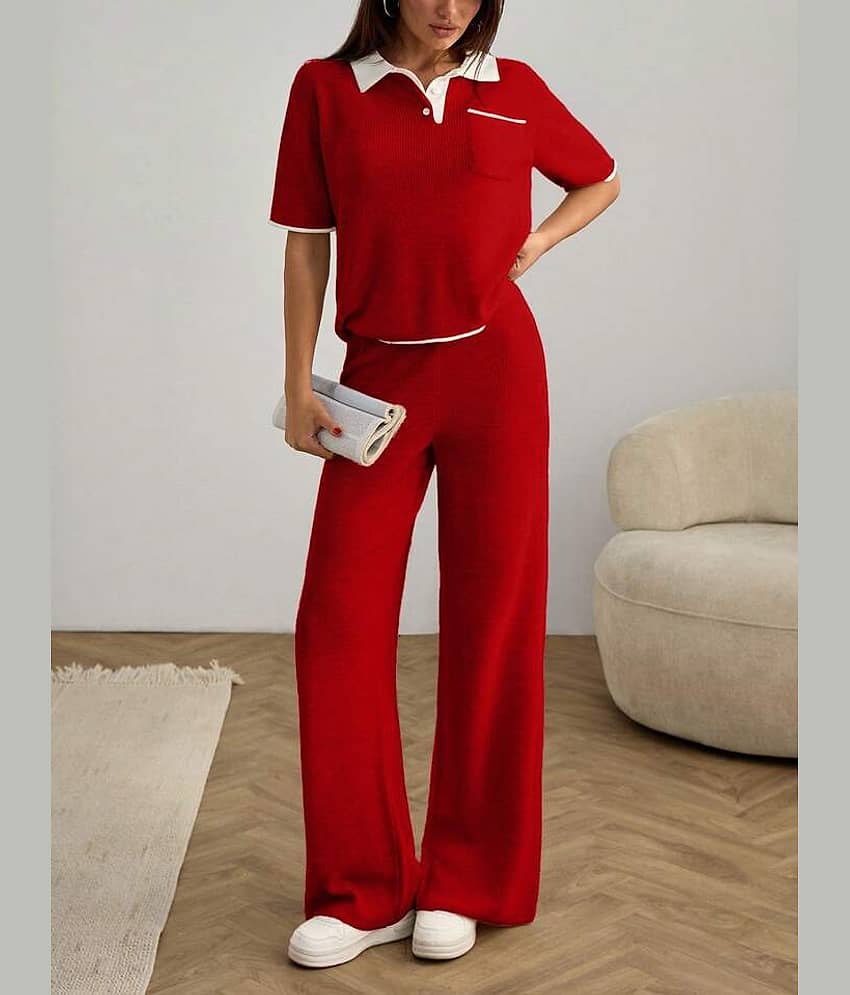 Christy World Women Solid T-Shirt With Trousers Co-Ord Set ( Red )