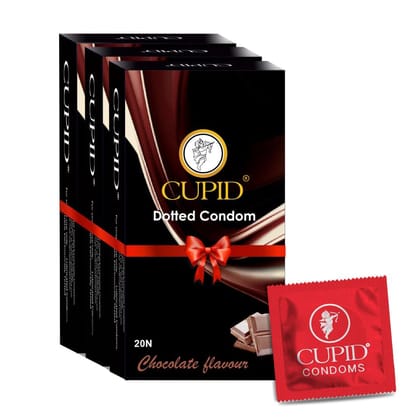 Cupid Dotted & Flavoured Condoms Chocolate Flavour (Pack of 3) | Lubricated & Multitextured Condoms | For Her Enhanced Pleasure | Pack of 3, 20 Pcs Each