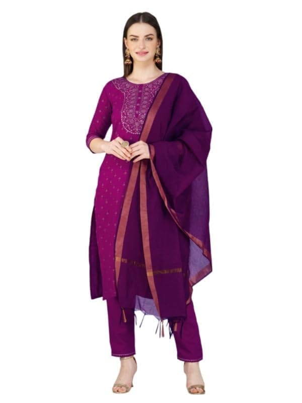 Women's Casual 3-4 th Sleeve Embroidery Cotton Kurti Pant Dupatta Set (Purple, M)-PID50269