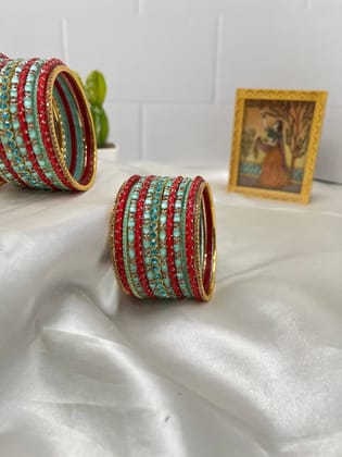 Sea Blue and Red Designer Minimal Glass & Stone Bangle Set 5058-2.2 / Both Hands