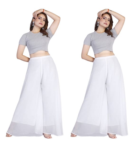 Generic Women's Georgette Solid High-Rise Wide Leg Flared Palazzo Pants with Elastic Waist, Ankle Length Trousers for Daily, Office and Casual Wear (White, 2XL, Pack of 2, Design 67546)