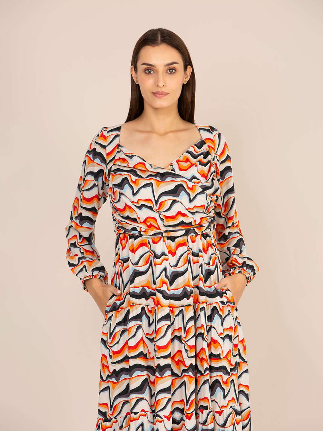 Rayon Printed A Line Full Sleeve Maxi Dress-M
