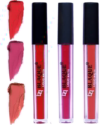 bq BLAQUE Matte Liquid Lipstick Combo of 3 Lip Color 4ml each, Waterproof - Orangish Red, Fuschia Pink, Dark Coral