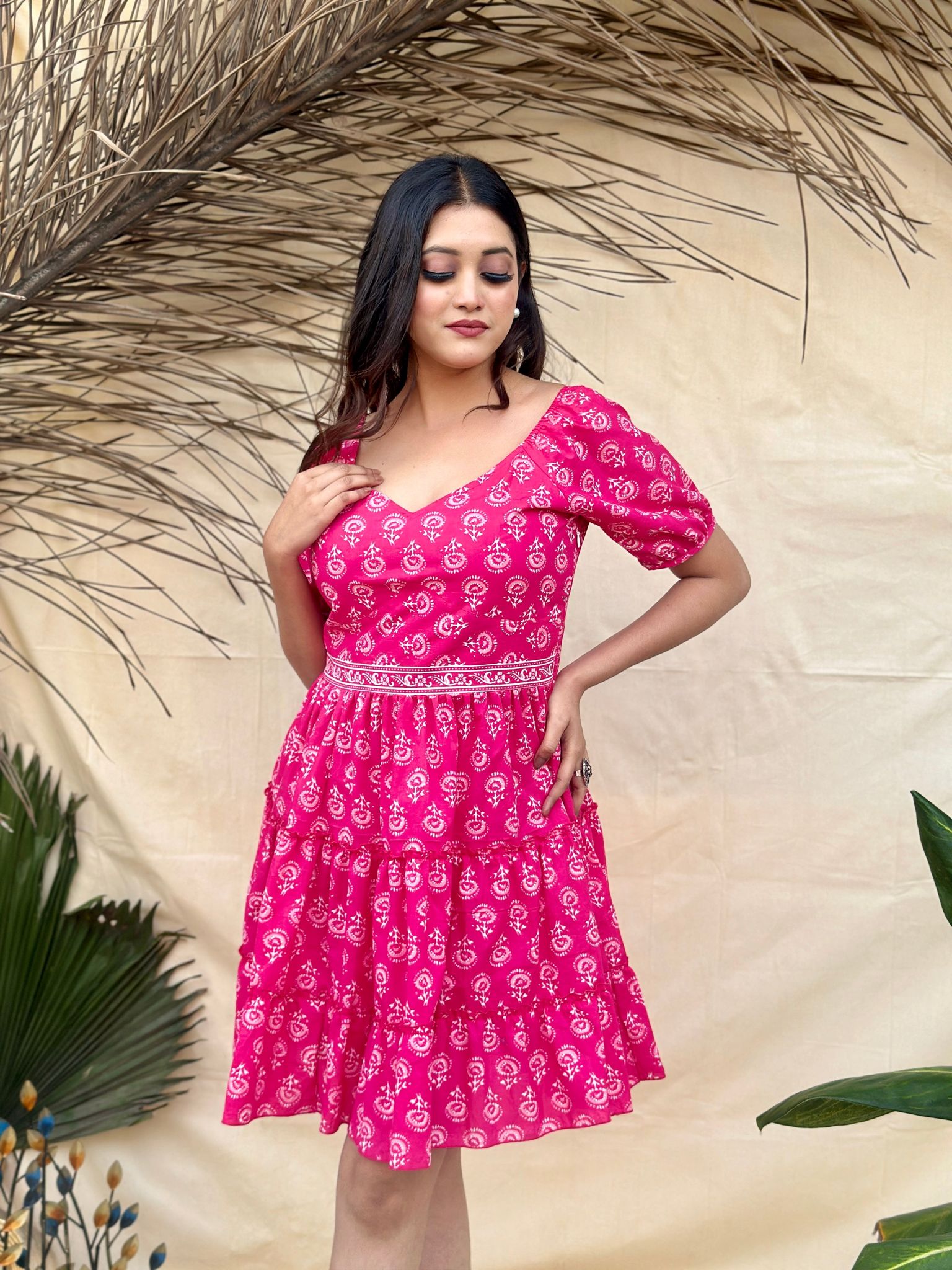 Pink Cotton Short Dress-XL