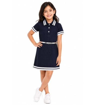 Girl's Denim Blended Ribbed Elasticated Dress with Belt (Navy Blue-White, 2-3-Yrs)-PID66007 Girl's Denim Blended Ribbed Elasticated Dress with Belt (Navy Blue-White, 2-3-Yrs)-PID66007